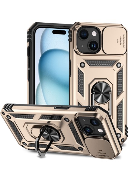 iPhone 15 Için Halka Ayaklı ve Kayar Kamera Kapaklı Telefon Kılıf - Altın (Yurt Dışından)