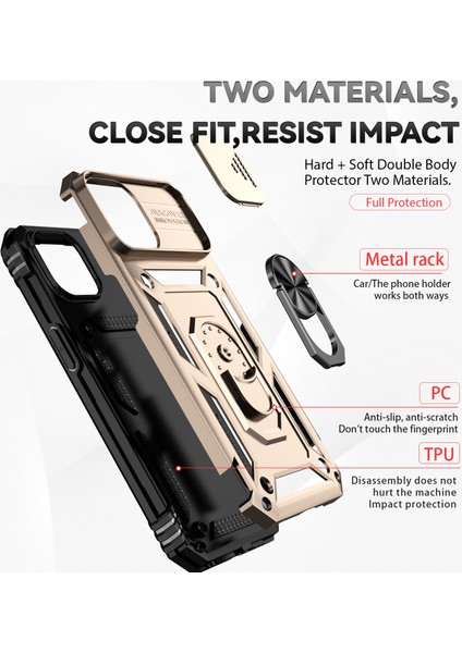 iPhone 15 Için Halka Ayaklı ve Kayar Kamera Kapaklı Telefon Kılıf - Altın (Yurt Dışından) fırsatları
