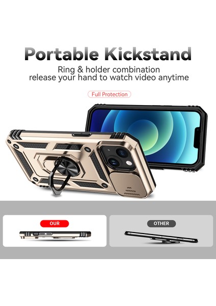 iPhone 15 Için Halka Ayaklı ve Kayar Kamera Kapaklı Telefon Kılıf - Altın (Yurt Dışından) indirimleri