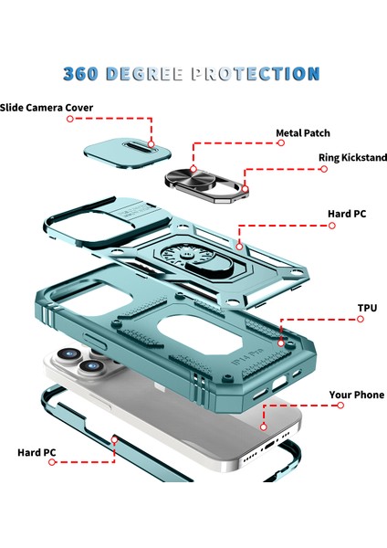 iPhone 15 Pro Max Için Kayar Lens Koruyucu Halka Standlı Telefon Kılıfı - Yeşil (Yurt Dışından)