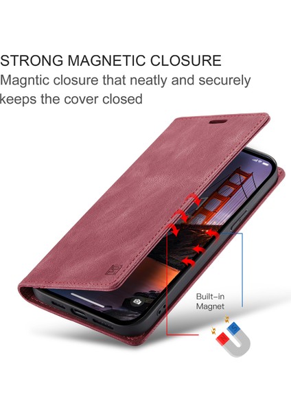 iPhone 15 Pro Için Vinil Deri Kapak Flip Cüzdan Standı Telefon Kılıfı - Kırmızı (Yurt Dışından) modelleri