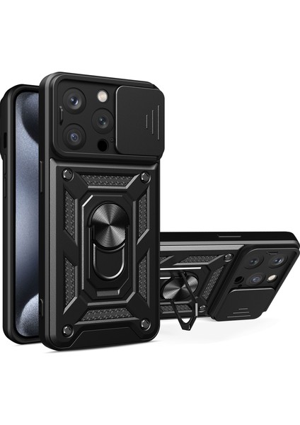 iPhone 15 Pro Için Halka Ayaklı ve Kayar Kamera Kapaklı Telefon Kılıf - Siyah (Yurt Dışından)