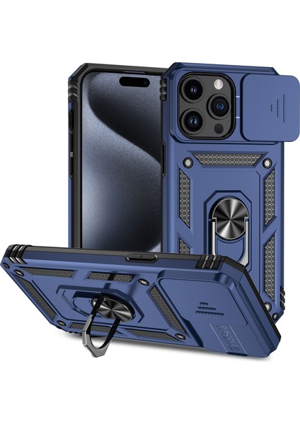 iPhone 15 Pro Max Için Halka Ayaklı ve Kayar Kamera Kapaklı Telefon Kılıf - Mavi (Yurt Dışından)