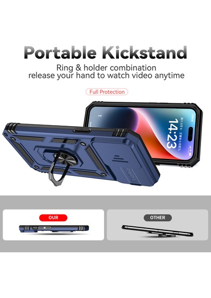 iPhone 15 Pro Max Için Halka Ayaklı ve Kayar Kamera Kapaklı Telefon Kılıf - Mavi (Yurt Dışından)