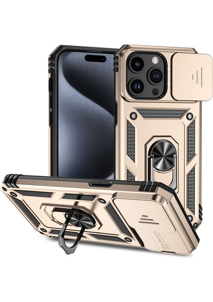 iPhone 15 Pro Max Için Halka Ayaklı ve Kayar Kamera Kapaklı Telefon Kılıf - Altın (Yurt Dışından)