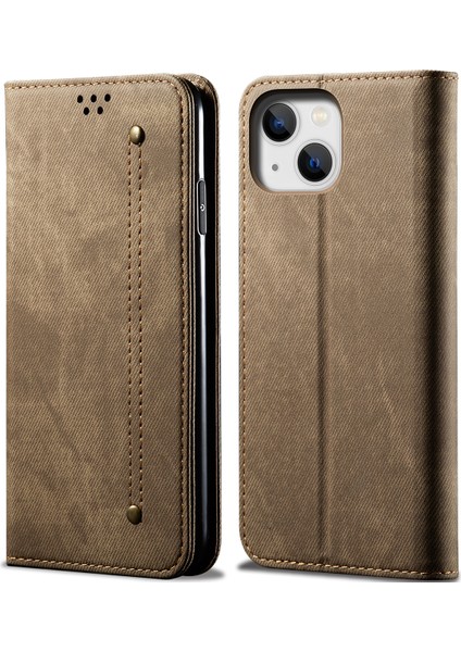 iPhone 15 Plus Için Kot Deri Flip Cüzdan Standlı Telefon Kılıfı - Haki (Yurt Dışından)