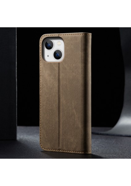 iPhone 15 Plus Için Kot Deri Flip Cüzdan Standlı Telefon Kılıfı - Haki (Yurt Dışından)