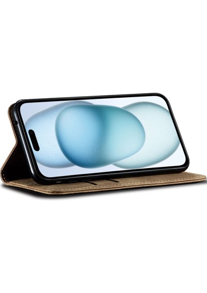 iPhone 15 Plus Için Kot Deri Flip Cüzdan Standlı Telefon Kılıfı - Haki (Yurt Dışından)
