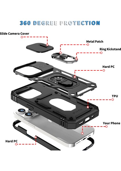 iPhone 15 Pro Max Için Kayar Lens Koruyucu Halka Standlı Telefon Kılıfı - Siyah (Yurt Dışından)