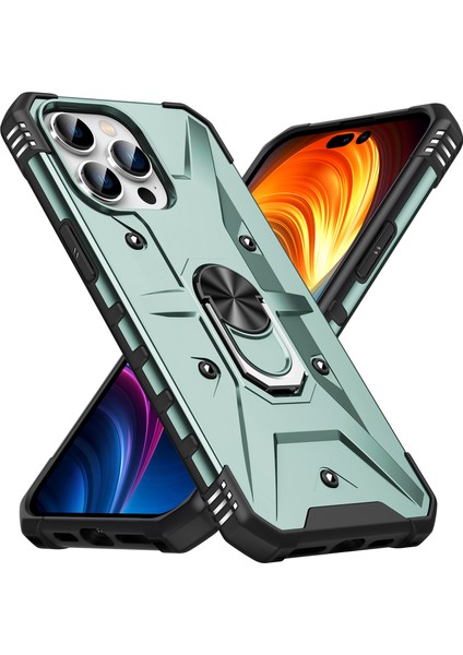 iPhone 15 Pro Max Için Halka Tutucu Standlı Çift Katmanlı Telefon Kılıfı - Yeşil (Yurt Dışından)