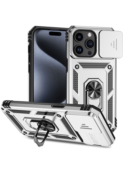 iPhone 15 Pro Max Için Halka Ayaklı ve Kayar Kamera Kapaklı Telefon Kılıf - Gümüş (Yurt Dışından)