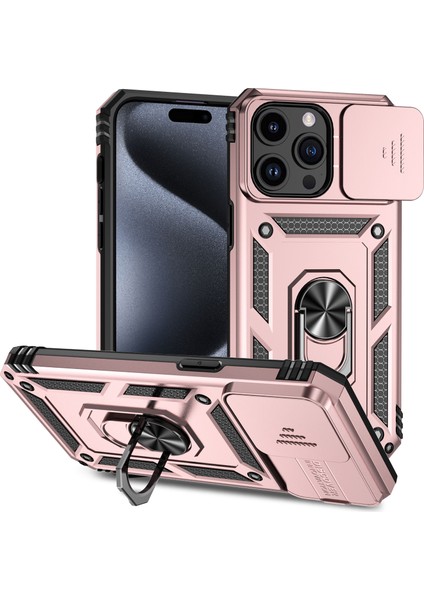 iPhone 15 Pro Max Için Halka Ayaklı ve Kayar Kamera Kapaklı Telefon Kılıf - Rose Gold (Yurt Dışından)
