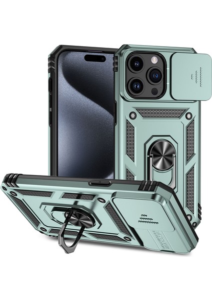 iPhone 15 Pro Max Için Halka Ayaklı ve Kayar Kamera Kapaklı Telefon Kılıf - Yeşil (Yurt Dışından)