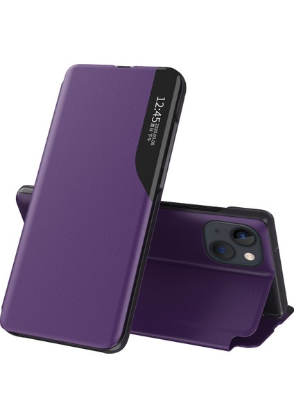 iPhone 15 Plus Için Akıllı Görünüm Flip Stand Pu Deri Telefon Kılıfı - Mor (Yurt Dışından)