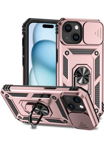 iPhone 15 Plus Için Halka Ayaklı ve Kayar Kamera Kapaklı Telefon Kılıf - Rose Gold (Yurt Dışından)