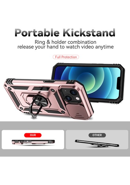 iPhone 15 Plus Için Halka Ayaklı ve Kayar Kamera Kapaklı Telefon Kılıf - Rose Gold (Yurt Dışından)