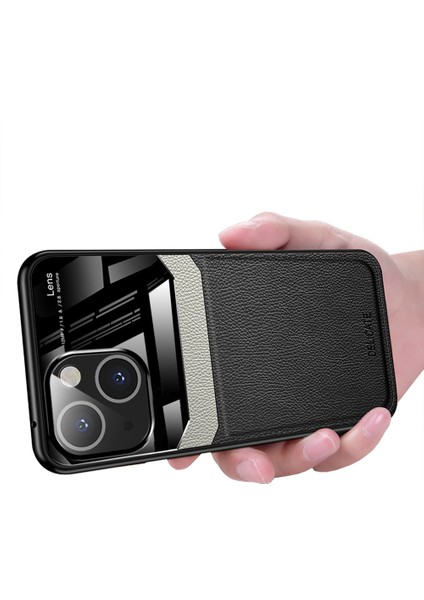 iPhone 15 Için Ince Litchi Tpu Bumper Hibrit Cam Korumalı Kılıf Kapaklı - Siyah (Yurt Dışından)