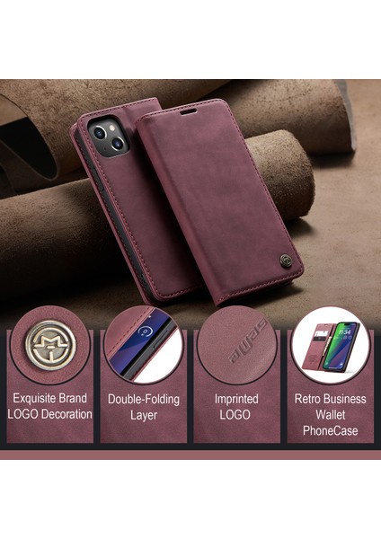 iPhone 15 Plus Için Retro Pu Deri Cüzdan Flip Standlı Telefon Kılıfı - Kırmızı (Yurt Dışından) fiyatları