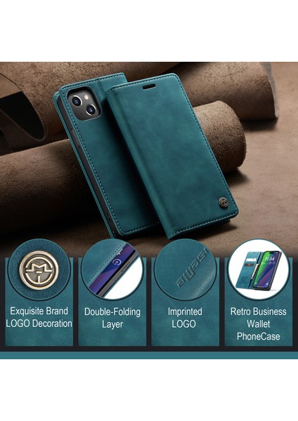 iPhone 15 Plus Için Retro Pu Deri Cüzdan Flip Standlı Telefon Kılıfı - Mavi (Yurt Dışından)