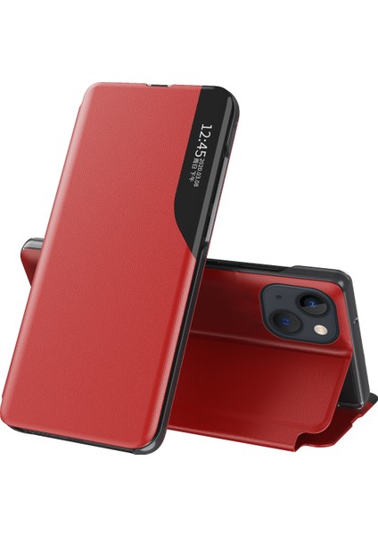 iPhone 15 Plus Için Akıllı Görünüm Flip Stand Pu Deri Telefon Kılıfı - Kırmızı (Yurt Dışından)