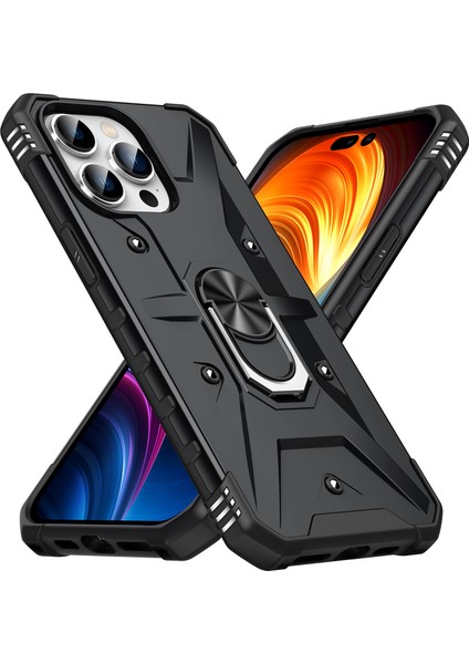 iPhone 15 Pro Max Için Halka Tutucu Standlı Çift Katmanlı Telefon Kılıfı - Siyah (Yurt Dışından)
