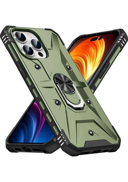 iPhone 15 Pro Max Için Halka Tutucu Standlı Çift Katmanlı Telefon Kılıfı - Dark Yeşil (Yurt Dışından)