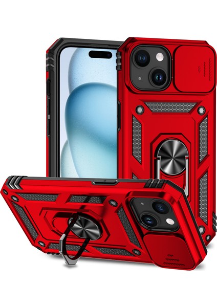 iPhone 15 Plus Için Halka Ayaklı ve Kayar Kamera Kapaklı Telefon Kılıf - Kırmızı (Yurt Dışından)