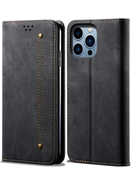 iPhone 15 Pro Max Için Kot Deri Flip Cüzdan Standlı Telefon Kılıfı - Siyah (Yurt Dışından)