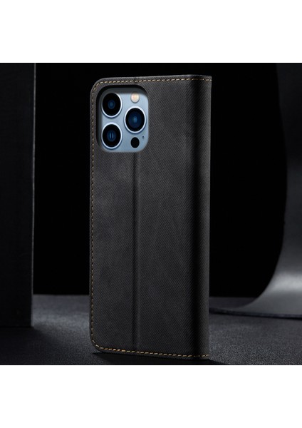 iPhone 15 Pro Max Için Kot Deri Flip Cüzdan Standlı Telefon Kılıfı - Siyah (Yurt Dışından)