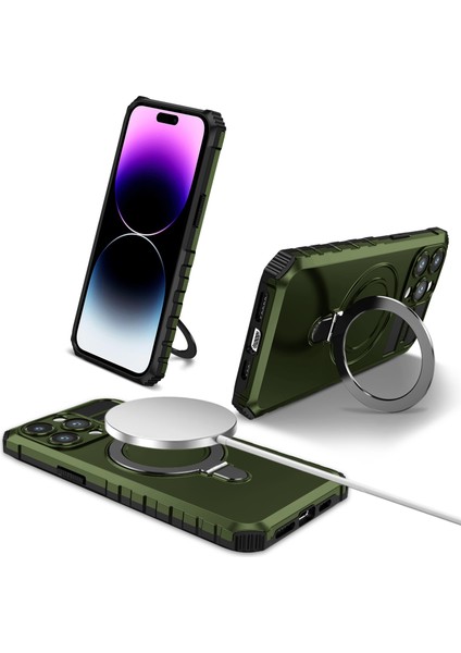 iPhone 15 Pro Için Magsafe Manyetik Halka Standlı Ağır Hizmet Telefon Kılıfı - Yeşil (Yurt Dışından)