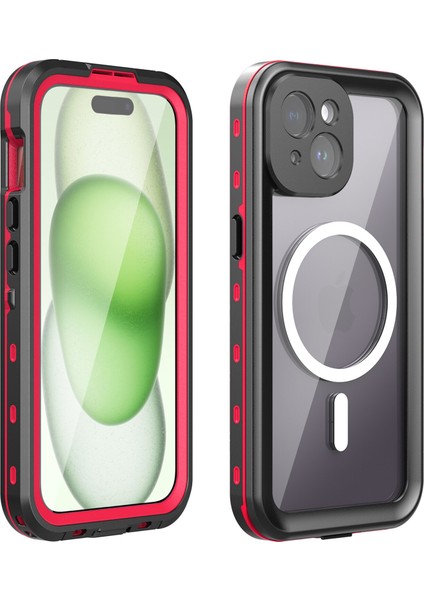 iPhone 15 Için Su Geçirmez Kılıf Ekran Koruyucu IP68 Mühürlü Su Altı Telefon Kılıfı - Kırmızı (Yurt Dışından)