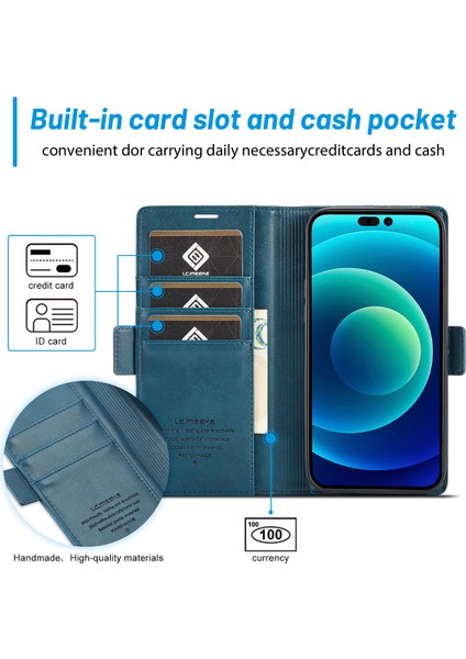 iPhone 15 Pro Için Flip Cüzdan Deri Manyetik Kapatma Standı Telefon Kılıfı - Mavi (Yurt Dışından)