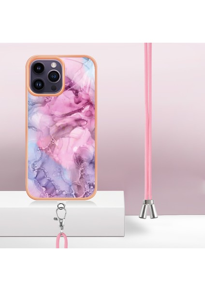 iPhone 15 Pro Max Için Desen Hibrit Çapraz Askı Kordon Telefon Kılıfı - Pembe (Yurt Dışından)