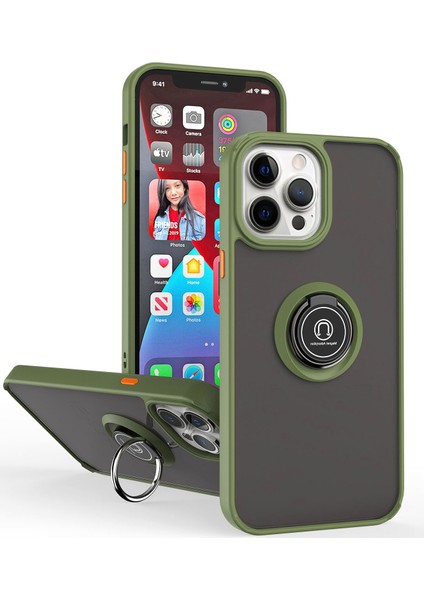 iPhone 15 Pro Max Için Yüzük Stand Mat Sert Silikon Telefon Kılıfı - Yeşil (Yurt Dışından)