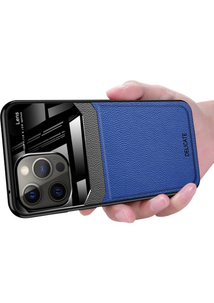 iPhone 15 Promax Için Ince Litchi Tpu Bumper Hibrit Cam Korumalı Kılıf Kapaklı - Mavi (Yurt Dışından)