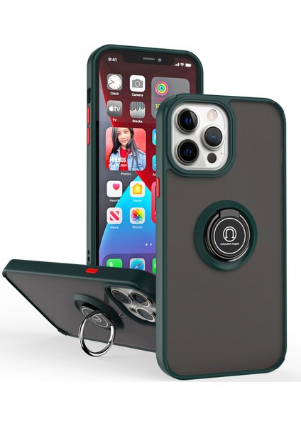 iPhone 15 Pro Max Için Yüzük Stand Mat Sert Silikon Telefon Kılıfı - Koyu Yeşil (Yurt Dışından)