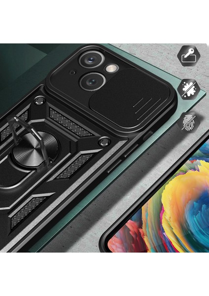 iPhone 15 Plus Için Halka Ayaklı ve Kayar Kamera Kapaklı Telefon Kılıf - Siyah (Yurt Dışından)