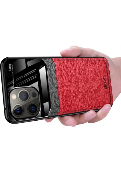 iPhone 15 Promax Için Ince Litchi Tpu Bumper Hibrit Cam Korumalı Kılıf Kapaklı - Kırmızı (Yurt Dışından)