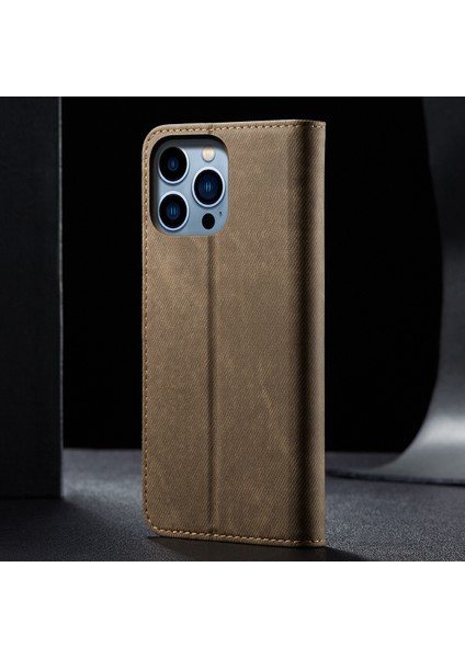 iPhone 15 Pro Max Için Kot Deri Flip Cüzdan Standlı Telefon Kılıfı - Haki (Yurt Dışından)