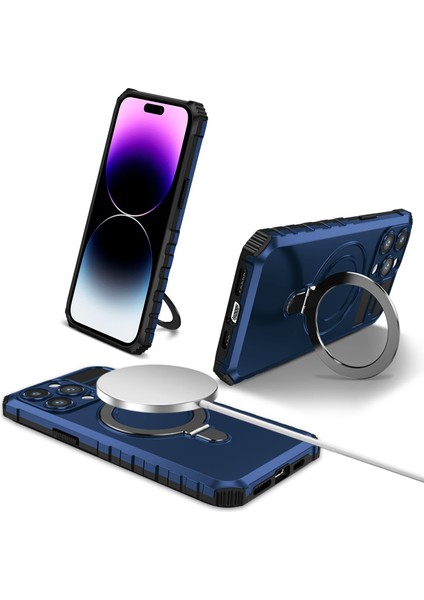 iPhone 15 Pro Için Magsafe Manyetik Halka Standlı Ağır Hizmet Telefon Kılıfı - Mavi (Yurt Dışından)