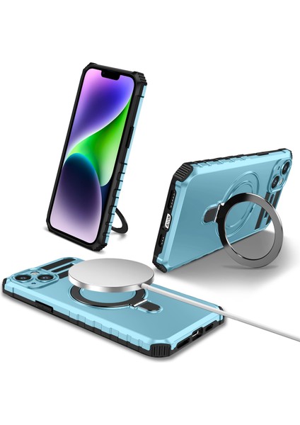 iPhone 15 Plus Için Magsafe Manyetik Halka Standlı Ağır Hizmet Telefon Kılıfı - Açık Mavi (Yurt Dışından)