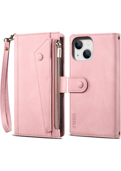 iPhone 15 Plus Için Vinil Deri Kapak Flip Cüzdan El Kayışı ile Telefon Kılıfı - Pembe (Yurt Dışından)