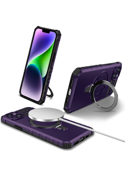 iPhone 15 Plus Için Magsafe Manyetik Halka Standlı Ağır Hizmet Telefon Kılıfı - Mor (Yurt Dışından)