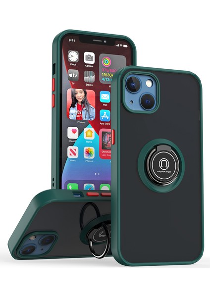 iPhone 15 Plus Için Yüzük Stand Mat Sert Silikon Telefon Kılıfı - Koyu Yeşil (Yurt Dışından)