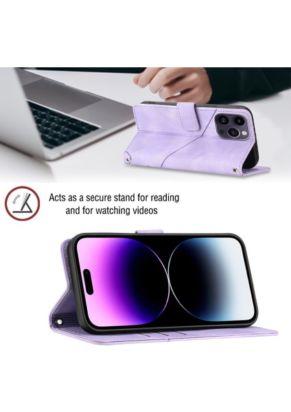 iPhone 15 Pro Için Kabartmalı Deri Cüzdan Stand Telefon Kılıfı - Mor (Yurt Dışından)