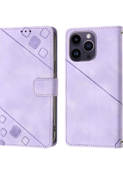 iPhone 15 Pro Için Kabartmalı Deri Cüzdan Stand Telefon Kılıfı - Mor (Yurt Dışından)