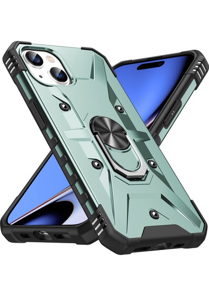 iPhone 15 Için Halka Tutucu Standlı Çift Katmanlı Telefon Kılıfı - Yeşil (Yurt Dışından)
