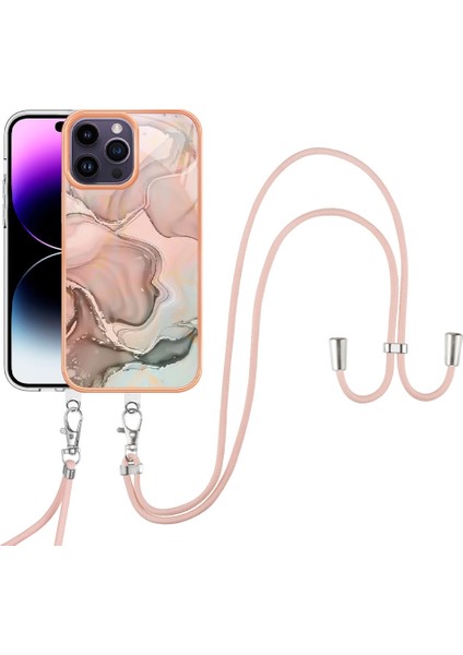 iPhone 15 Pro Için Desen Hibrit Çapraz Askı Kordon Telefon Kılıfı - Rose Gold (Yurt Dışından)