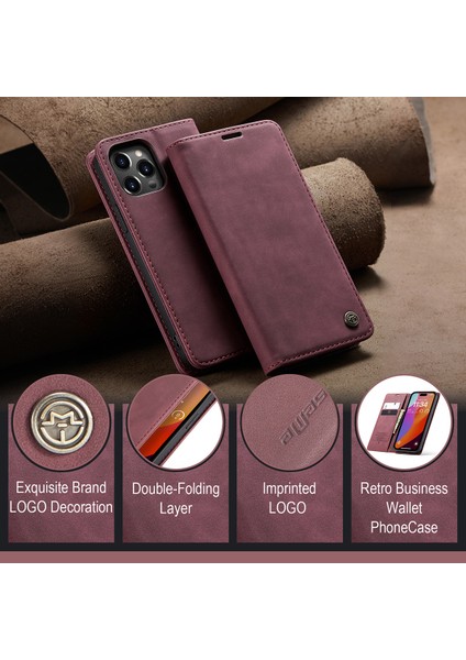 iPhone 15 Pro Için Retro Pu Deri Cüzdan Flip Standlı Telefon Kılıfı - Kırmızı (Yurt Dışından)