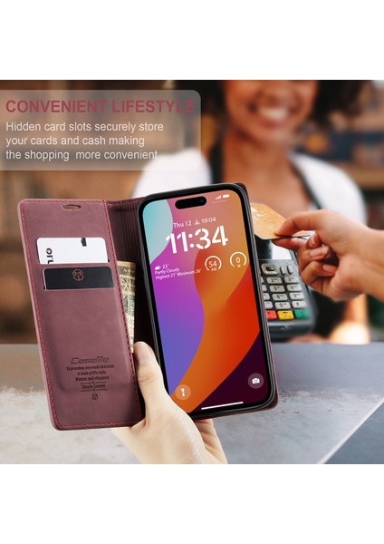 iPhone 15 Pro Için Retro Pu Deri Cüzdan Flip Standlı Telefon Kılıfı - Kırmızı (Yurt Dışından) modelleri